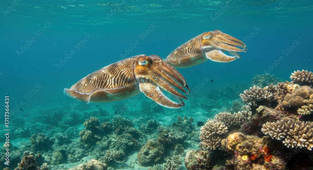 Fototapeta premium Pair of cuttlefish swimming over coral reef