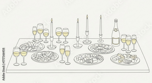 A table set with wine glasses, champagne, candles, and plates of appetizers for a celebration created with generated ai