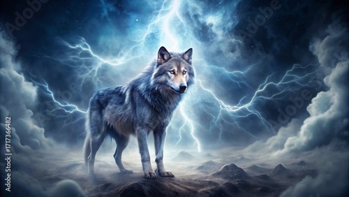 Majestic Wolf Stands Firm Amidst a Furious Electrical Storm, a Symbol of Strength and Resilience in the Wild