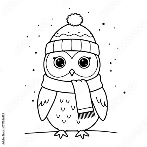 Adorable owl bundled up for winter with a cozy hat and scarf, perfect for holiday greetings, winter crafting, and cute designs, originally a vector