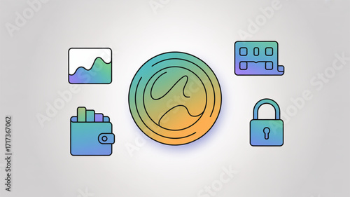 Decentralized finance defi blockchain technology cryptocurrency wallet and security icons for financial apps