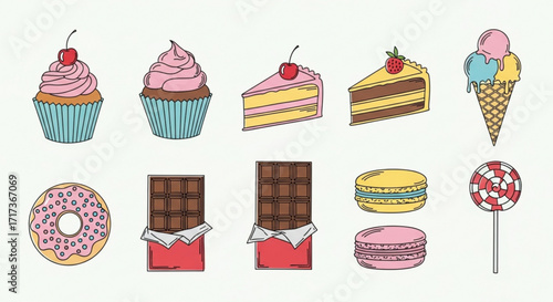 Illustration of various sweets including cupcakes cake slices chocolate bars macaroons ice cream and a donut created with generated ai
