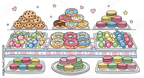Illustration of a bakery display case filled with cookies donuts macarons and wrapped candies on trays created with generated ai