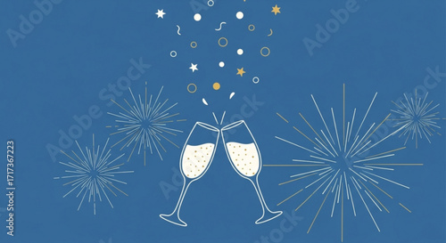 Celebratory toast with champagne glasses and festive confetti and fireworks on a blue background created with generated ai