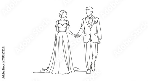 Line drawing of a bride in a gown and a groom in a suit holding hands walking together on their wedding day created with generated ai