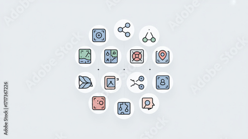 Collection of network connection icons for social media and data sharing and map location symbols design
