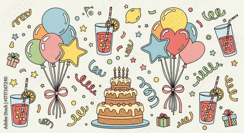 Illustration of a birthday party scene with cake, balloons, drinks, and confetti elements scattered around created with generated ai