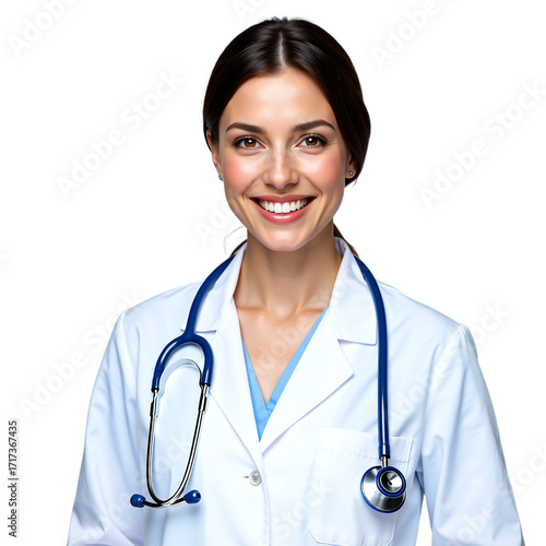 Smiling female doctor with stethoscope isolated on white background