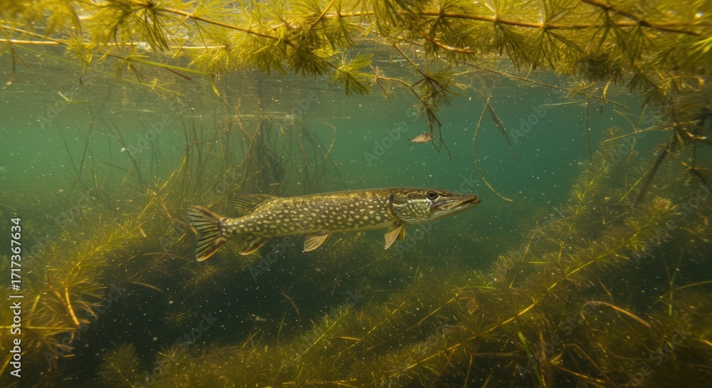 Fototapeta premium Pike fish underwater in aquatic vegetation