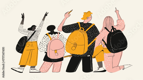 Back to school students walking with backpacks, education learning and friendship concept illustration