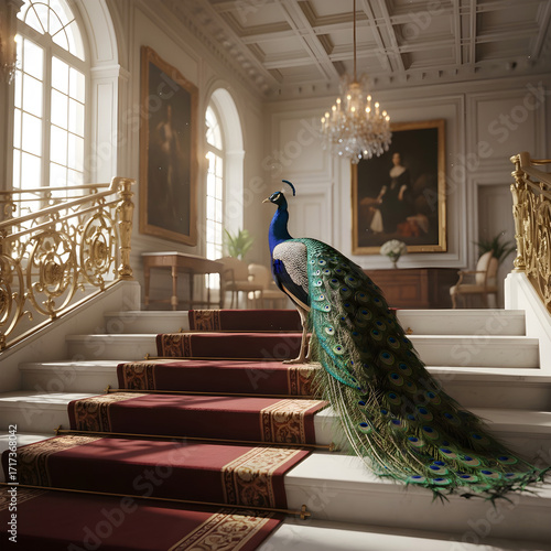Elegant Peacock on Mansion Staircase