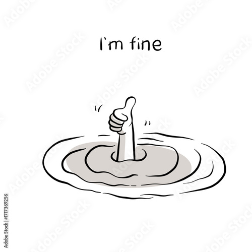Funny Thumbs Up Hand Drowning Cartoon with Text I’m Fine vector
