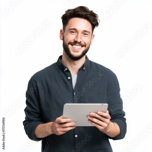 Happy Man Holding Tablet , isolated on white background png