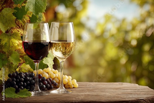 A still life featuring red and white wine with grapes and vines