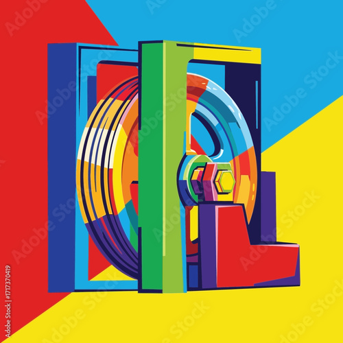 Abstract colorful graphic design with geometric shapes and overlapping elements.
