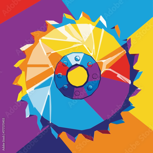 Abstract colorful geometric gear illustration with jagged edges on a vibrant background.