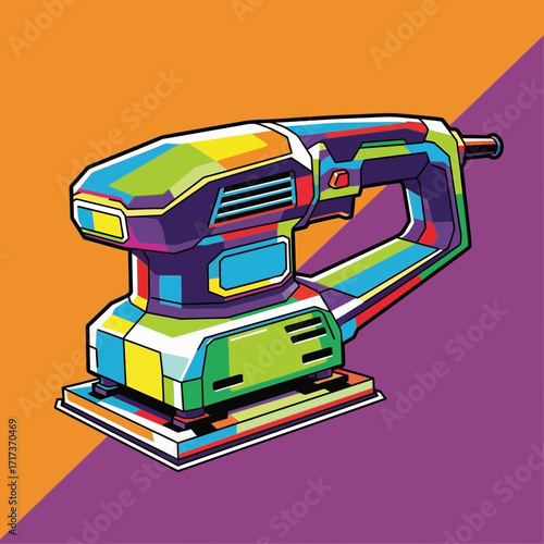 Colorful orbital sander tool illustration on orange and purple background.