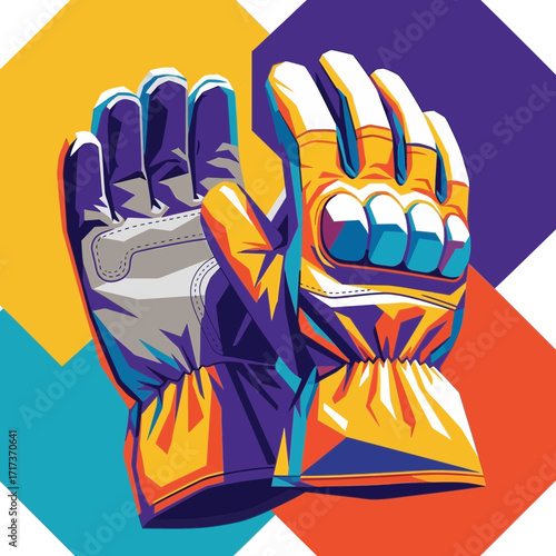 Two gloves with yellow and blue accents against a colorful geometric background.