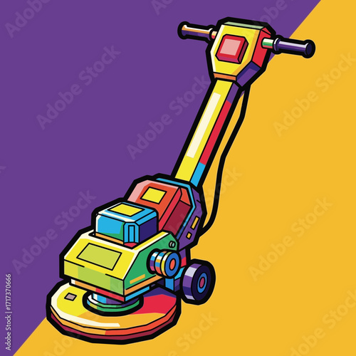 Cartoon floor cleaning machine with yellow purple background illustration.