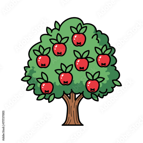 Cartoon apple tree with red apples and green leaves on white background.