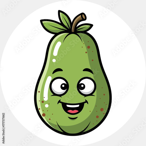 Cartoon pear with a happy face on a white circular background.