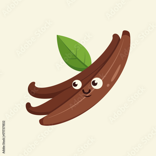Cartoon vanilla bean with leaf and smiling face on a light background.