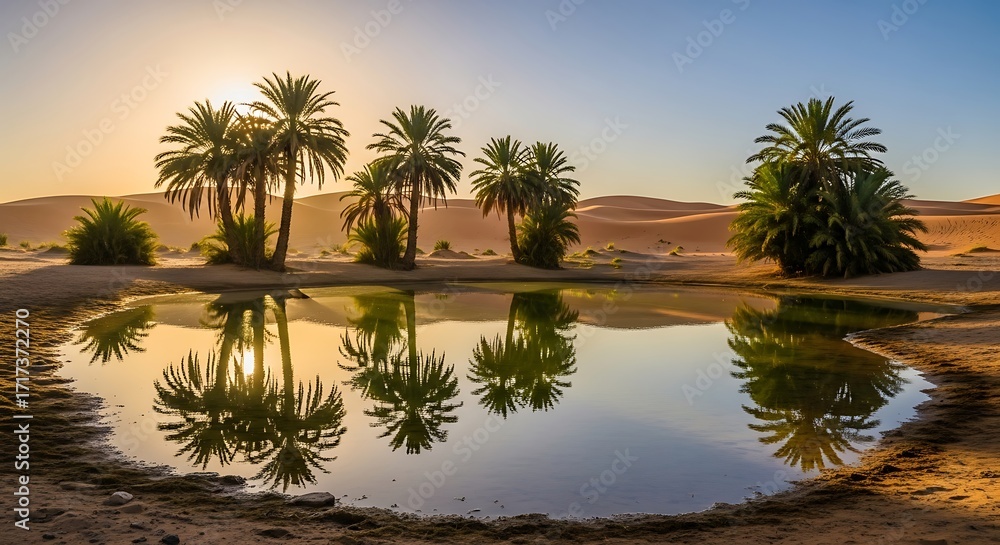 Obraz premium Oasis in the Sahara Desert with palm trees reflected in water.