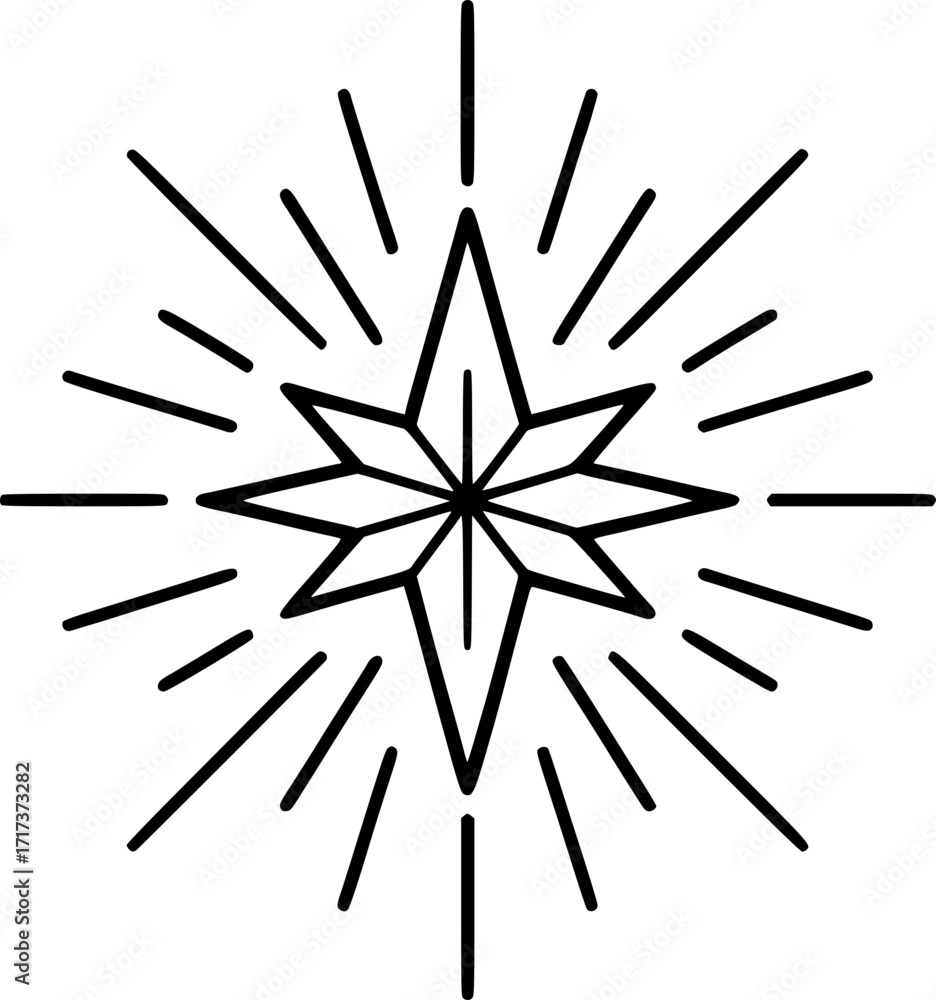 Obraz premium Minimalist black and white vector illustration of shining Christmas star with radiating lines, clean outline style, symbolic festive design