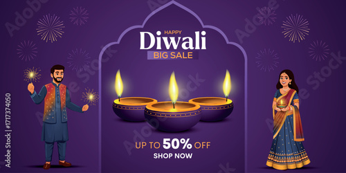 Diwali Festival Offer Discount Poster Design. Premium Luxury Advertising Logo label Design vector layered with couple. Diwali Sale 50% Label Design Template. Creative Vector illustration.