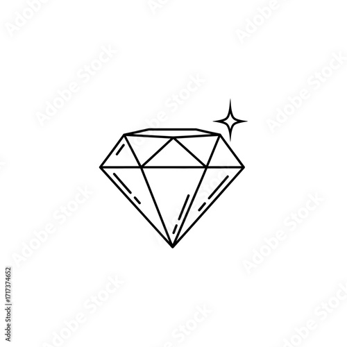A simple vector line art of a diamond with a single line of sparkle.