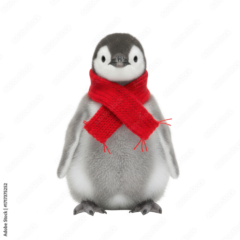 Fototapeta premium Penguin Chick Wearing Red Scarf, Winter Holiday Portrait