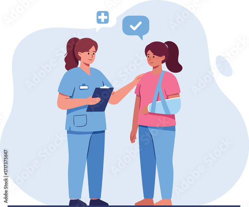 Nurse consults patient with arm cast medical health care illustration vector