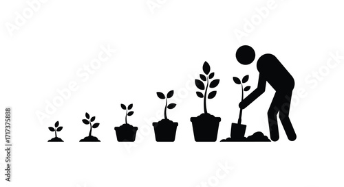 A silhouetted illustration depicts the stages of plant growth and care