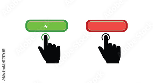 Two buttons green with lightning and red being touched by fingers