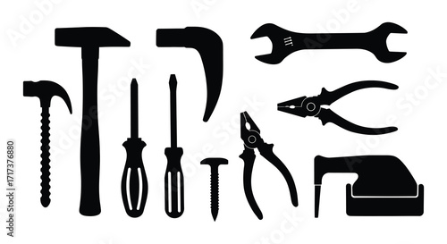Black silhouette icons depicting various common hand tools for repairs