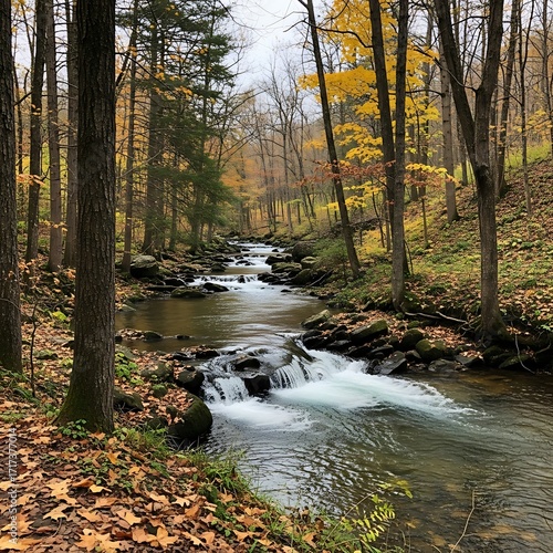 A tranquil stream cascades through a serene autumnal forest, showcasing the vibrant hues of fall foliage.