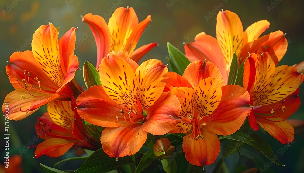 Obraz premium Closeup of exotic Alstroemeria flowers with radiant orange petals and red yellow gradients in tropical bloom