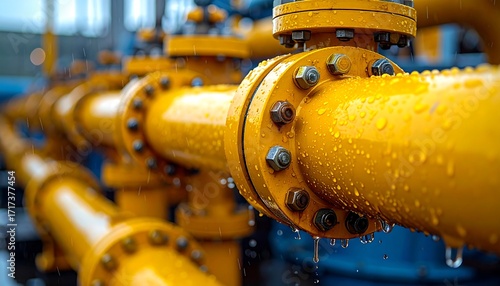 Close-up of yellow industrial piping with flanges and bolts, glistening with raindrops, a complex network blurred in the background