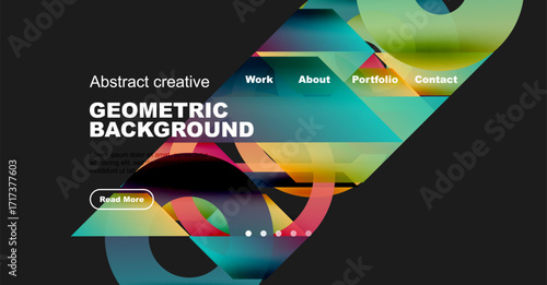 Modern website mockup displays vibrant geometric shapes, text overlays, navigation menu. Design focuses on colorful abstraction, inviting user interaction.