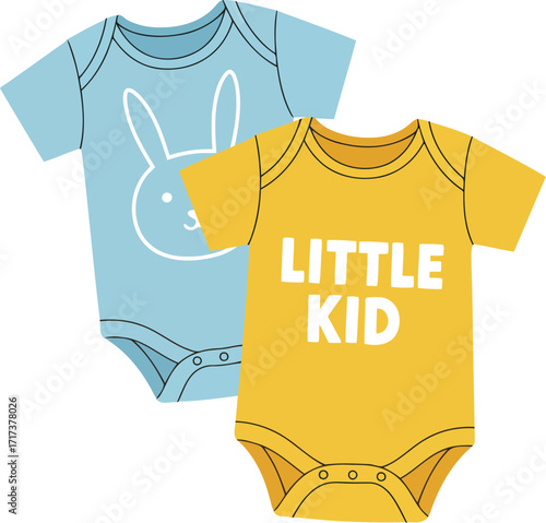 Cute baby boy outfits two onesies little kid text blue yellow apparel vector