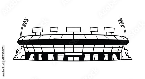 Simple black and white illustration of a large sports stadium structure