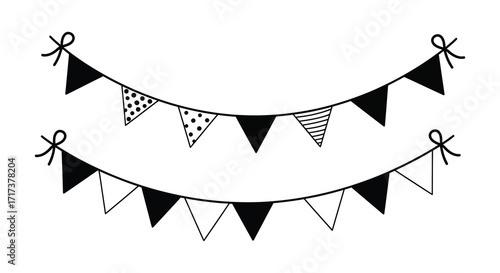 Simple black and white bunting illustration with patterned flags hanging down