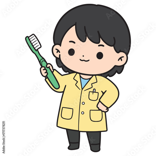 Cute cartoon dentist character illustration holding a toothbrush, perfect for dental hygiene and healthcare promotions