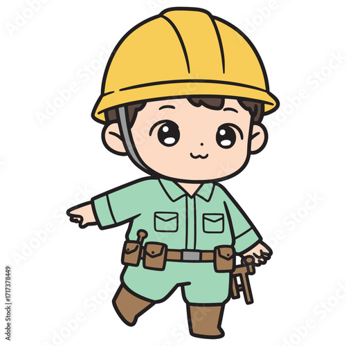 Cute Cartoon Construction Worker Character in Safety Helmet and Work Clothes Illustration
