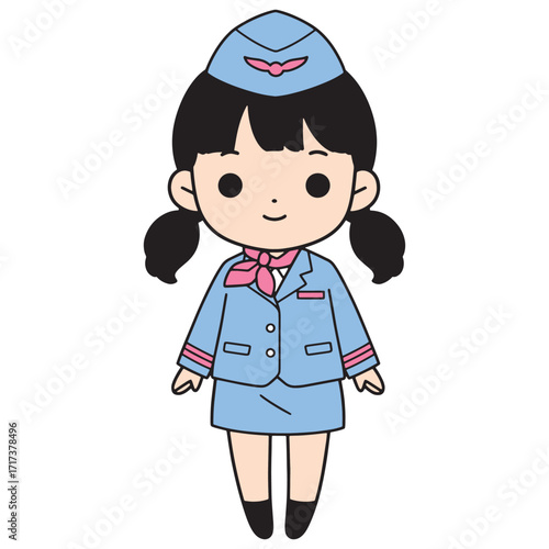 Cute cartoon illustration of a flight attendant in a light blue uniform with a matching hat and a pink scarf around her neck