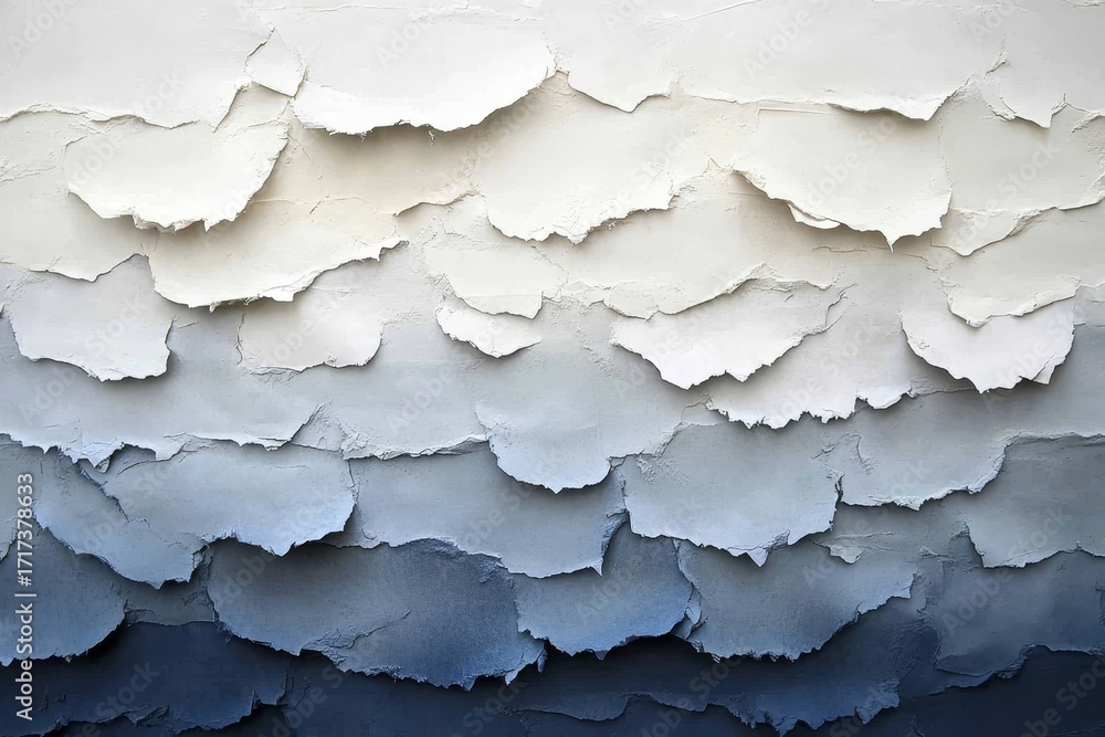 Obraz premium Abstract art piece featuring layered, textured planes of varying shades of blue and white, creating a sense of depth and movement.