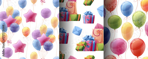 Festive Balloons and Gift Boxes with Bows Seamless Pattern Set. Birthday Gift Wrap Collection for Party Decor, Textile Design, Scrapbooking and Celebration Packaging