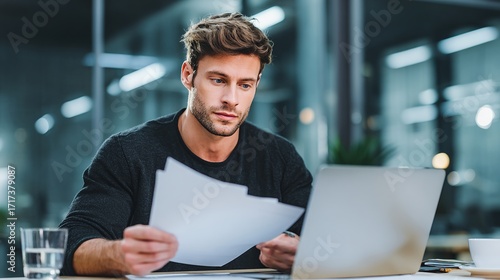 A man is sitting at a desk with a laptop and a stack of papers in front of him
