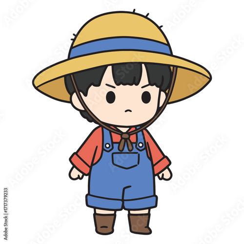Charming illustration of a cute cartoon child dressed as a farmer wearing a straw hat and overalls, ready for a day's work