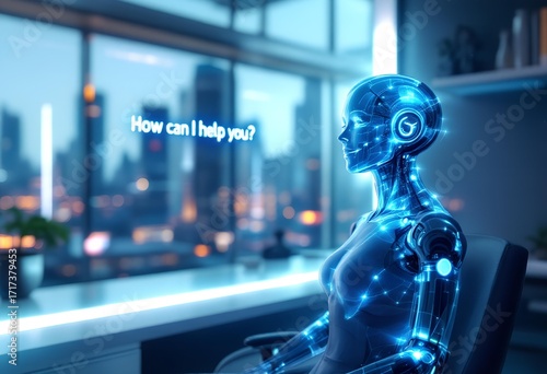 Futuristic Blue AI Robot with Glowing Circuits Offers Assistance in Modern Office Setting